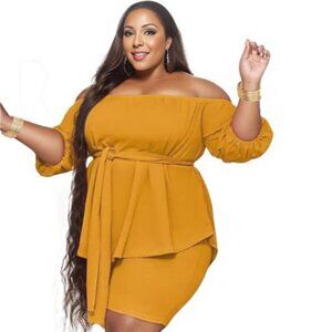 1XL Mustard Off-Shoulder Shorts Set